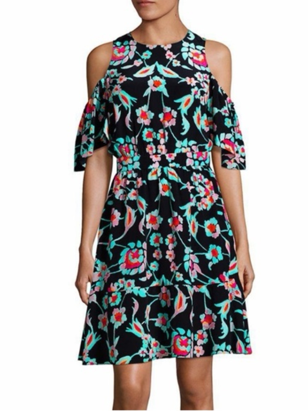 Tanya Taylor SILK Black Floral Cold-Shoulder Mini Dress